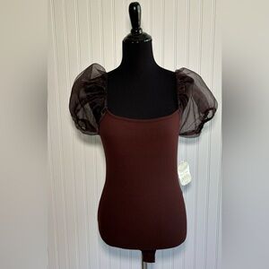 Altar’d State Bodysuit Brown Sheer Puff Sleeve Ribbed Snaps Stretch Size Small